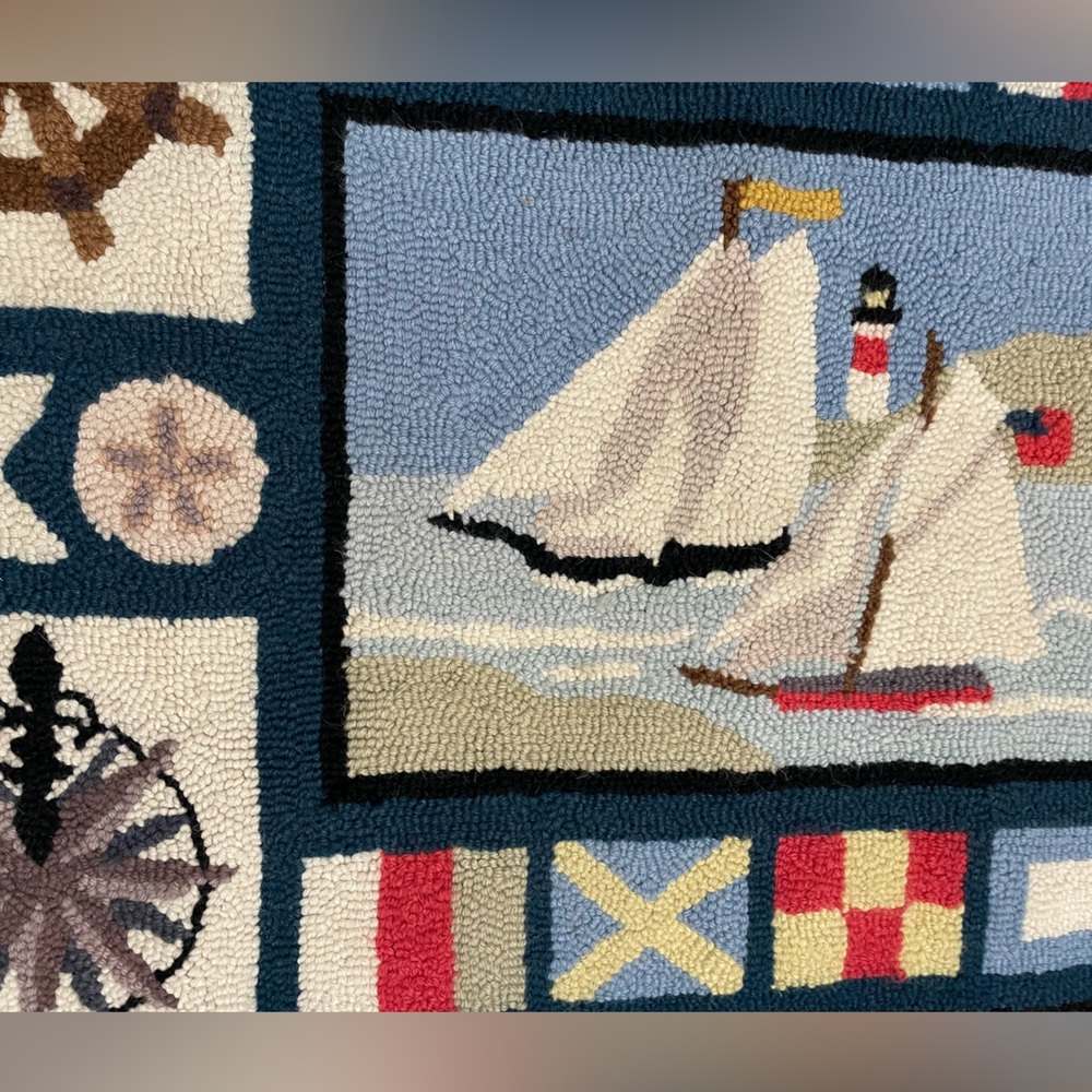 Rare Claire Murray Nautical Hooked Rug Blue/Red Sail Boats/Ocean- 25X36 Vibrant - Picture 3 of 9
